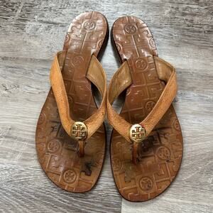Tory Burch Leather Logo Thong Sandals Brown Flip Flops Size 9M